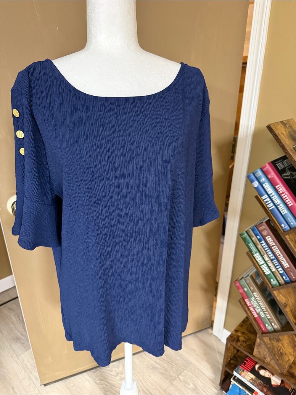 Navy Short-Sleeve Blouse with Gold Button Detail